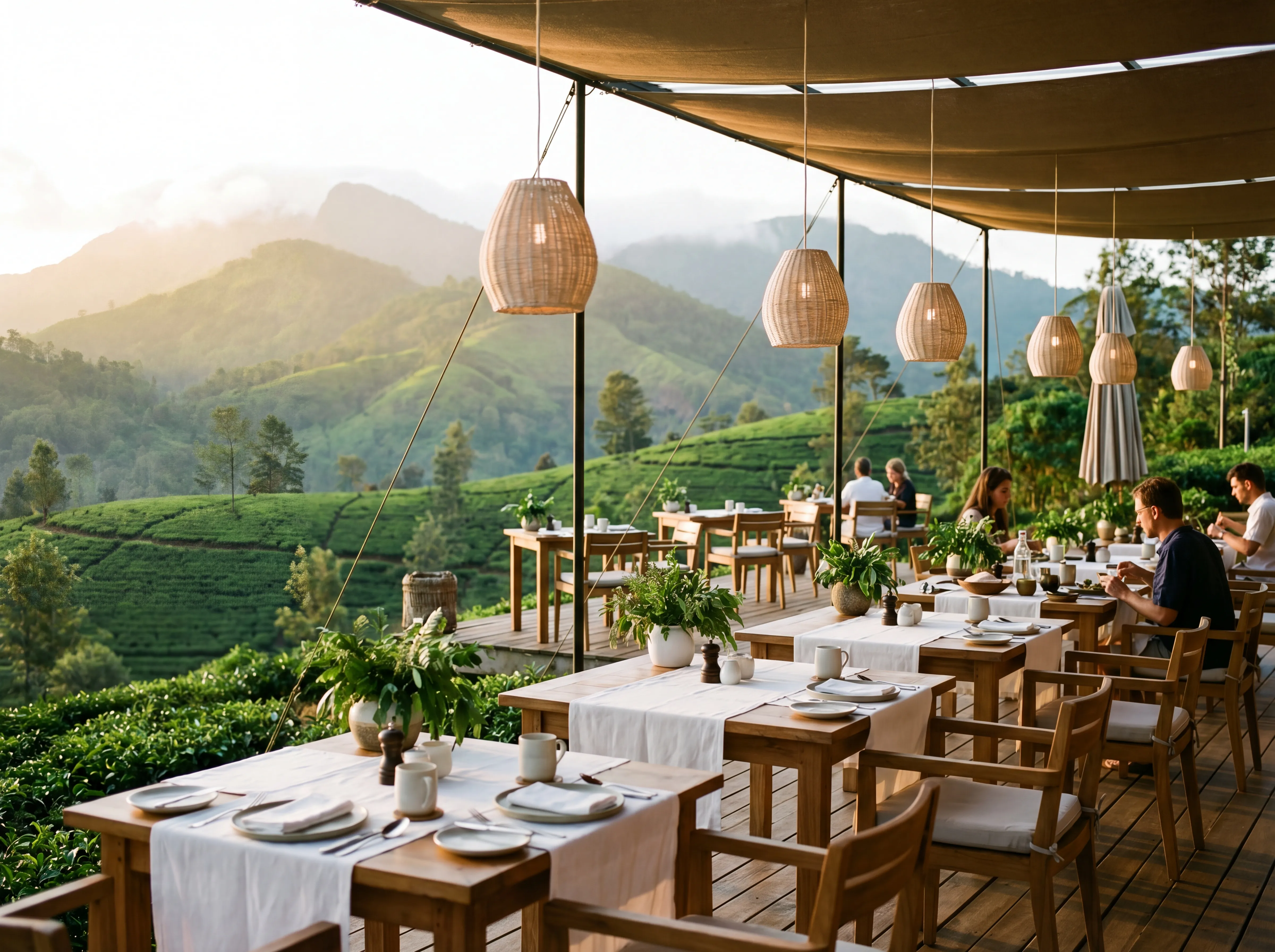 ANYA Melia open-air restaurant overlooking tea plantation hills